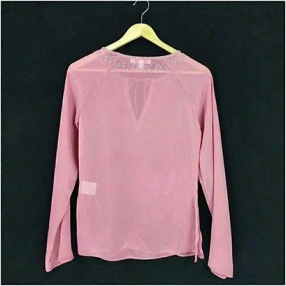 Rochas Tunic Top S Long Sleeve Embellished V-Neck Tie Pink Polyester Blouse - Picture 3 of 4